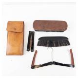 Antique Travel Set - Leather Case, 2 Folding Travel Hangers, Hat Brush, Clothing Brush
