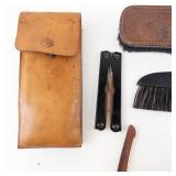 Antique Travel Set - Leather Case, 2 Folding Travel Hangers, Hat Brush, Clothing Brush