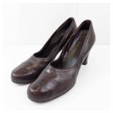 Vintage Brown Leather Pumps - Round-Toe, Mid-Heel - Women