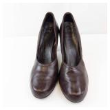 Vintage Brown Leather Pumps - Round-Toe, Mid-Heel - Women