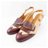 Vintage Two-Tone Leather Slingback Heels with Fringe & Gold Chain - Size 10 M