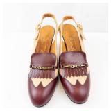 Vintage Two-Tone Leather Slingback Heels with Fringe & Gold Chain - Size 10 M