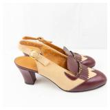 Vintage Two-Tone Leather Slingback Heels with Fringe & Gold Chain - Size 10 M