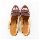 Vintage Two-Tone Leather Slingback Heels with Fringe & Gold Chain - Size 10 M