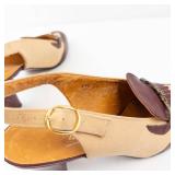 Vintage Two-Tone Leather Slingback Heels with Fringe & Gold Chain - Size 10 M