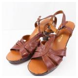 Miu B Brown Leather Strappy Sandals - High Block Heel, Adjustable Ankle Strap