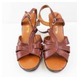 Miu B Brown Leather Strappy Sandals - High Block Heel, Adjustable Ankle Strap