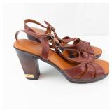 Miu B Brown Leather Strappy Sandals - High Block Heel, Adjustable Ankle Strap