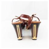 Miu B Brown Leather Strappy Sandals - High Block Heel, Adjustable Ankle Strap