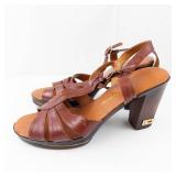 Miu B Brown Leather Strappy Sandals - High Block Heel, Adjustable Ankle Strap