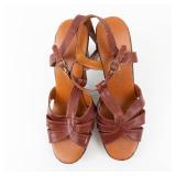 Miu B Brown Leather Strappy Sandals - High Block Heel, Adjustable Ankle Strap