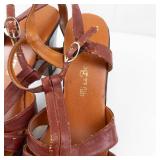 Miu B Brown Leather Strappy Sandals - High Block Heel, Adjustable Ankle Strap