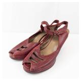 Red Leather Buckle Slingback Wedge Sandals - Peep Toe, Women