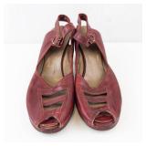 Red Leather Buckle Slingback Wedge Sandals - Peep Toe, Women