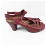 Red Leather Buckle Slingback Wedge Sandals - Peep Toe, Women
