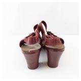 Red Leather Buckle Slingback Wedge Sandals - Peep Toe, Women