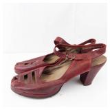 Red Leather Buckle Slingback Wedge Sandals - Peep Toe, Women