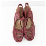 Red Leather Buckle Slingback Wedge Sandals - Peep Toe, Women