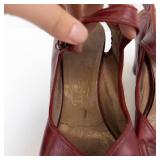 Red Leather Buckle Slingback Wedge Sandals - Peep Toe, Women