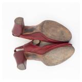 Red Leather Buckle Slingback Wedge Sandals - Peep Toe, Women