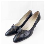 Pandora Footwear Black Leather Bow Pump - Made in Italy, EU 38