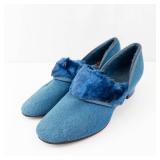 Blue Suede Fur-Lined Slippers - Low Heel Slip-Ons