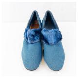 Blue Suede Fur-Lined Slippers - Low Heel Slip-Ons