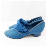 Blue Suede Fur-Lined Slippers - Low Heel Slip-Ons
