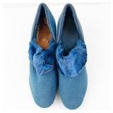 Blue Suede Fur-Lined Slippers - Low Heel Slip-Ons