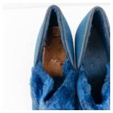 Blue Suede Fur-Lined Slippers - Low Heel Slip-Ons