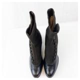 Black Leather-Toe Ankle Boots with Studded Front - High Heel