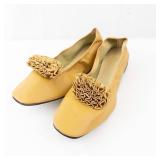 Mustard Leather Slip-On Loafers - Ruffled Bow Detail, Women