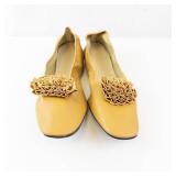Mustard Leather Slip-On Loafers - Ruffled Bow Detail, Women