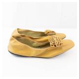Mustard Leather Slip-On Loafers - Ruffled Bow Detail, Women