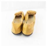 Mustard Leather Slip-On Loafers - Ruffled Bow Detail, Women