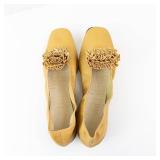 Mustard Leather Slip-On Loafers - Ruffled Bow Detail, Women