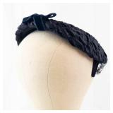 Black Satin Pillbox Hat - Ruched Band with Crystal Flower accents