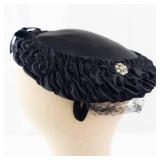 Black Satin Pillbox Hat - Ruched Band with Crystal Flower accents