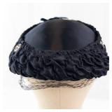 Black Satin Pillbox Hat - Ruched Band with Crystal Flower accents