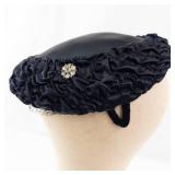 Black Satin Pillbox Hat - Ruched Band with Crystal Flower accents