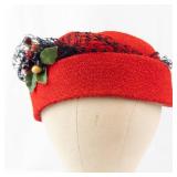 Red Pillbox Hat with Black Lace Netting and Berry Accent