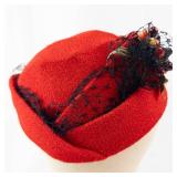 Red Pillbox Hat with Black Lace Netting and Berry Accent