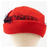 Red Pillbox Hat with Black Lace Netting and Berry Accent