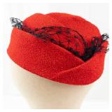 Red Pillbox Hat with Black Lace Netting and Berry Accent