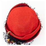 Red Pillbox Hat with Black Lace Netting and Berry Accent