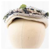 Navy Straw Fascinator Hat - Floral Netting, White Flowers & Green Leaves