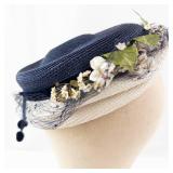 Navy Straw Fascinator Hat - Floral Netting, White Flowers & Green Leaves