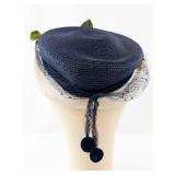 Navy Straw Fascinator Hat - Floral Netting, White Flowers & Green Leaves