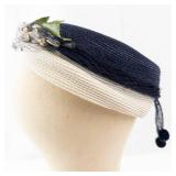 Navy Straw Fascinator Hat - Floral Netting, White Flowers & Green Leaves