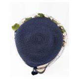 Navy Straw Fascinator Hat - Floral Netting, White Flowers & Green Leaves